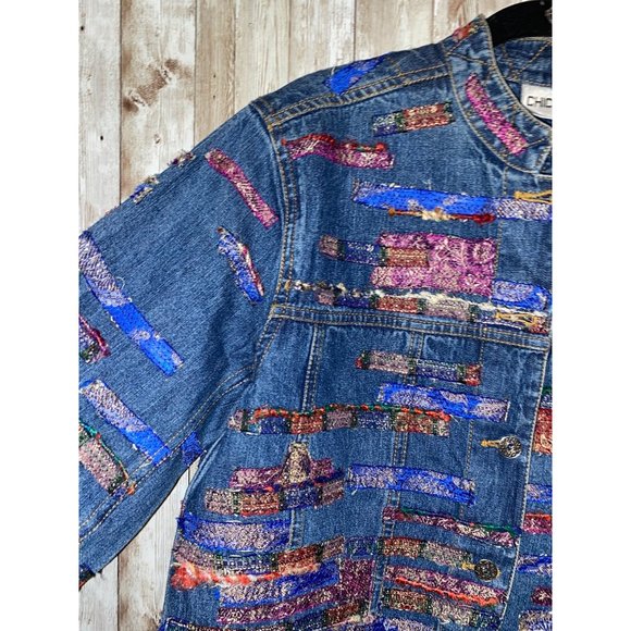 Chicos Womens Embroidered Jean Jacket Size 0 Multicolor Fringe Frayed Size Small - Picture 2 of 12